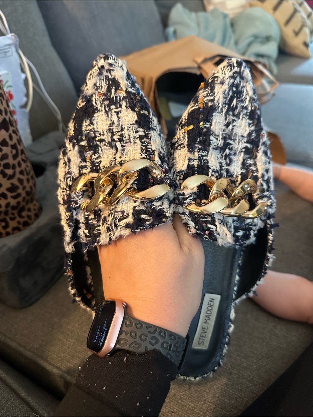 Steve Madden Navy  & White Tweed Chain-Accent Mule Women’s 11